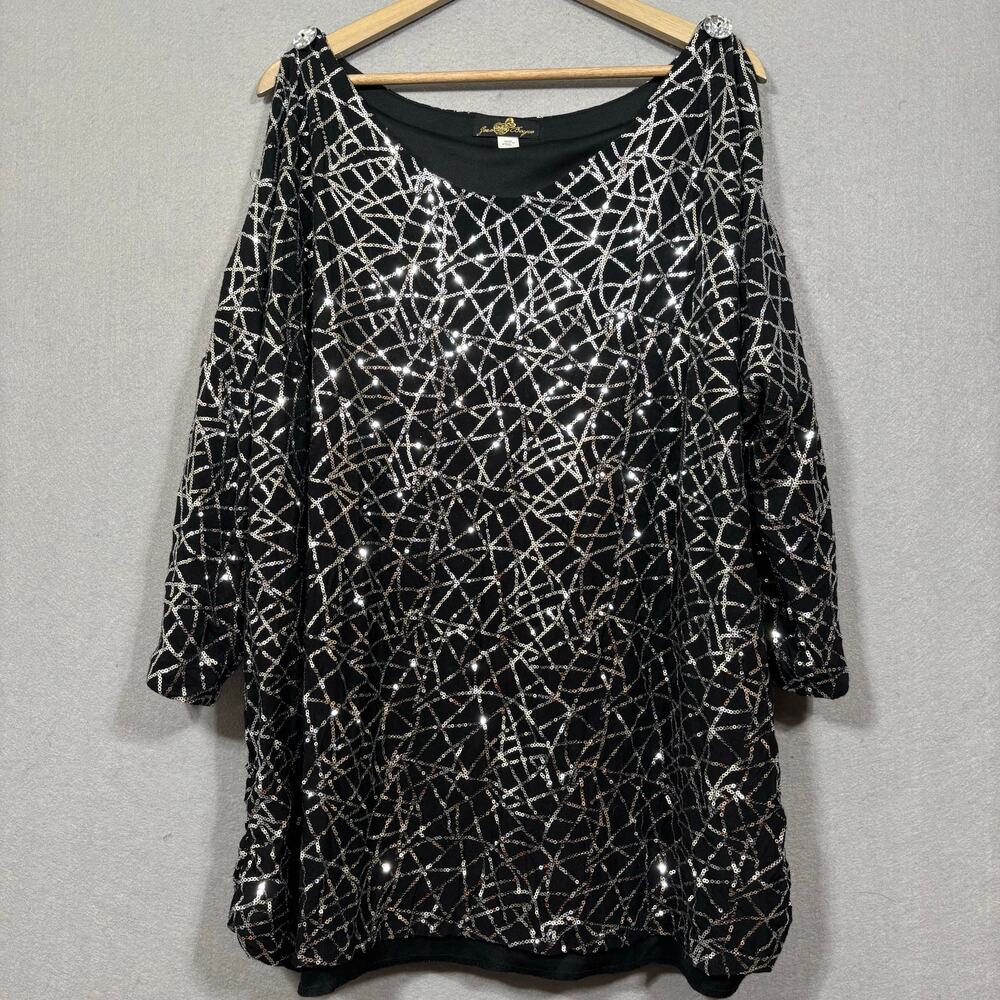 Joan Boyce Blouse Top 3X Black Silver Sequin Jewel‎ Lined Glam Evening Statement